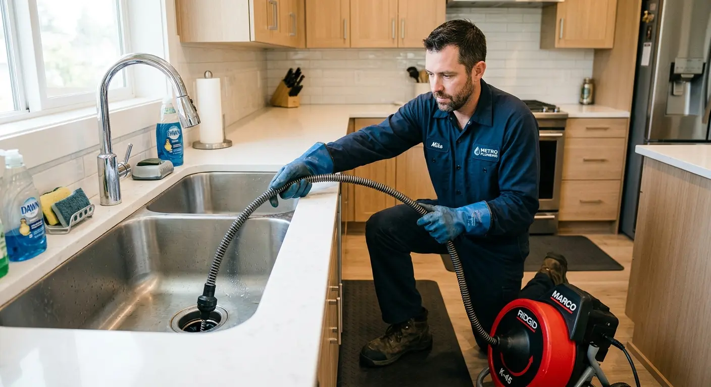 Drain cleaning technician using a motorized snake on a kitchen sink in Beekman