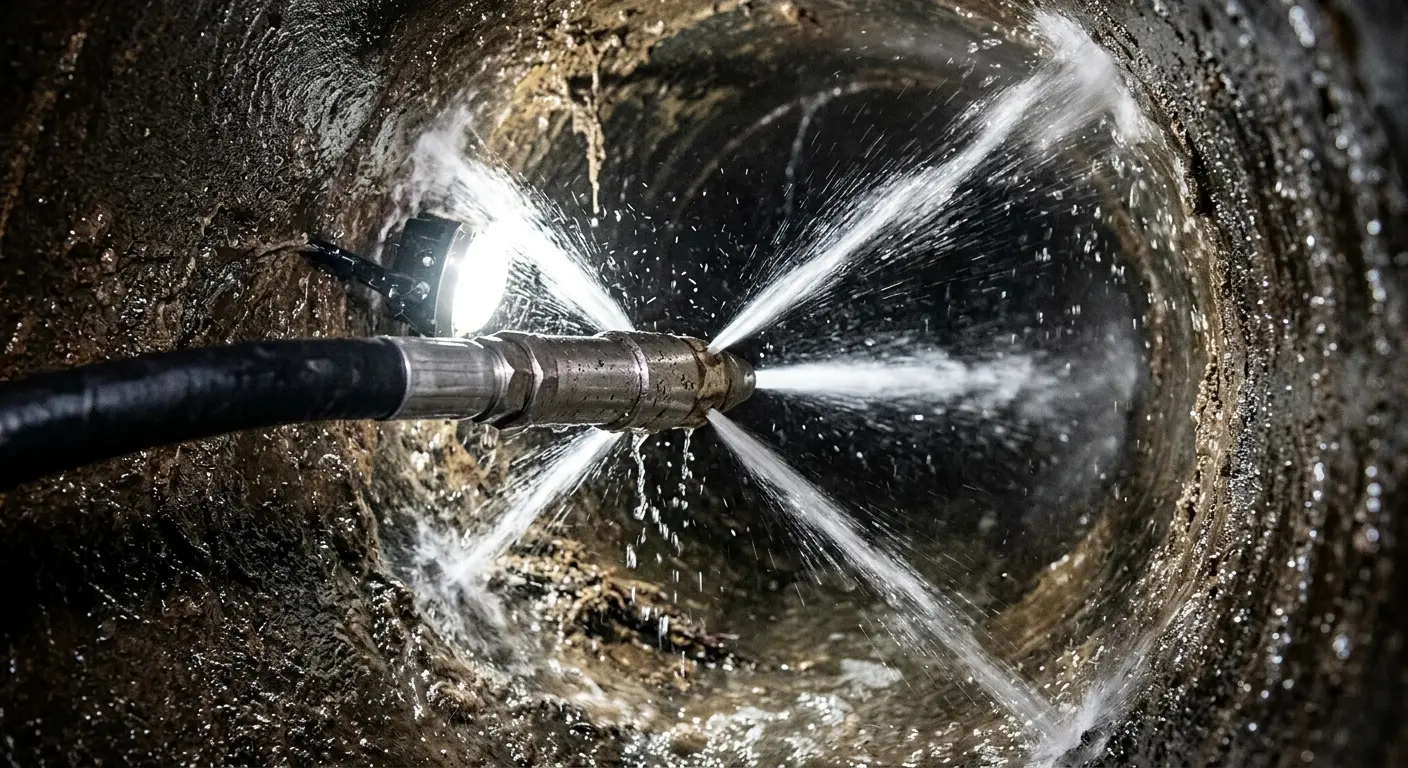 High-pressure hydro jetting nozzle cleaning sewer pipe for Emergency Drain Service in Beekman