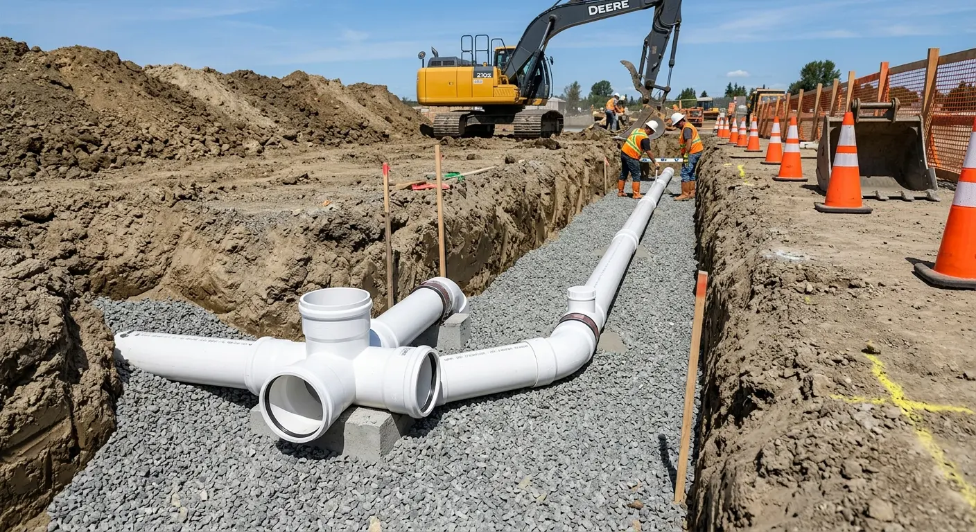 New PVC sewer pipe installation in open trench for Commercial Drain Cleaning in Beekman