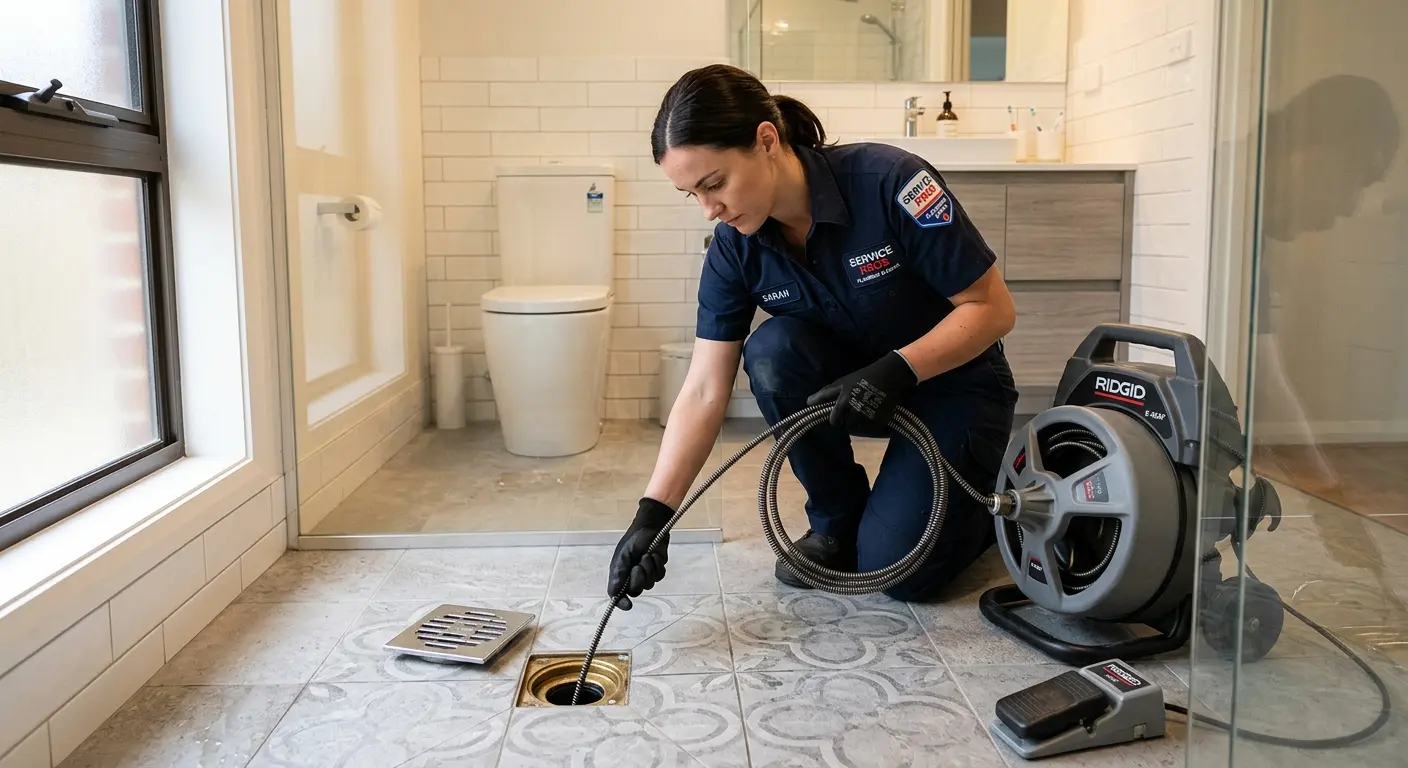 Technician clearing a bathroom floor drain for Clogged Drain Repair in Beekman